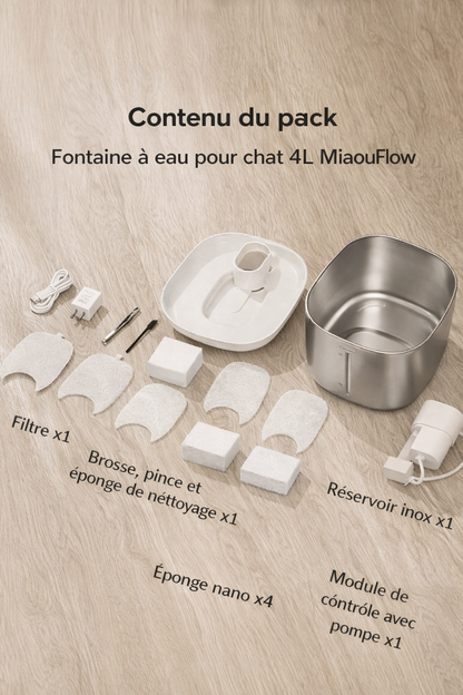 Contenu du pack de la fontaine à eau pour chat 4L : réservoir inox, couvercle, plateau supérieur, module de contrôle avec pompe, câble USB-C et adaptateur, filtre, éponges nano et kit de nettoyage.