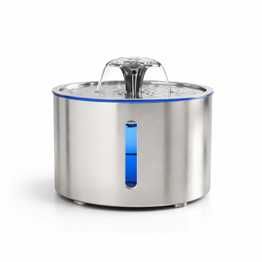 Fontaine à eau chat inox 304 2,5L ultra silencieuse avec indicateur niveau d'eau LED bleu vertical et bec fontaine cascade sur fond blanc
