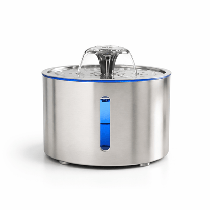 Fontaine à eau chat inox 304 2,5L ultra silencieuse avec indicateur niveau d'eau LED bleu vertical et bec fontaine cascade sur fond blanc
