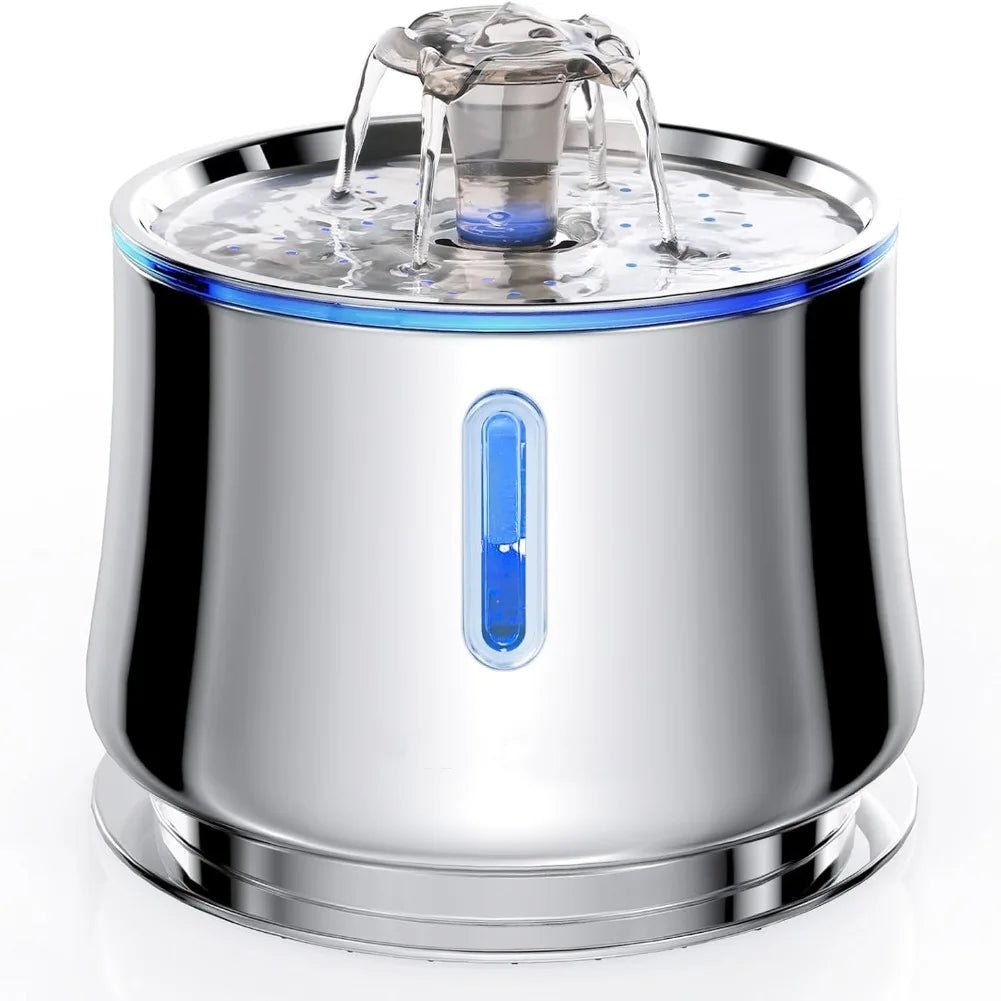 Fontaine à eau pour chat en acier inoxydable 304 avec fenêtre de niveau d'eau LED bleue et système de filtration triple couche
