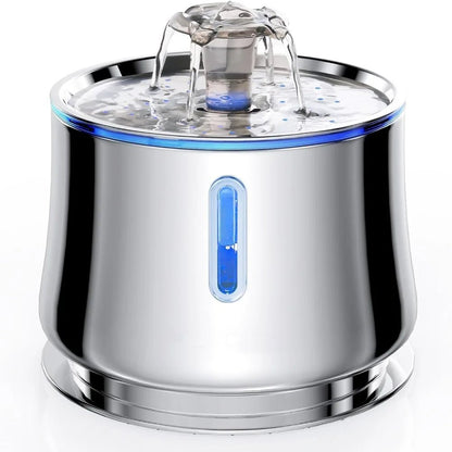 Fontaine à eau pour chat en acier inoxydable 304 avec fenêtre de niveau d'eau LED bleue et système de filtration triple couche