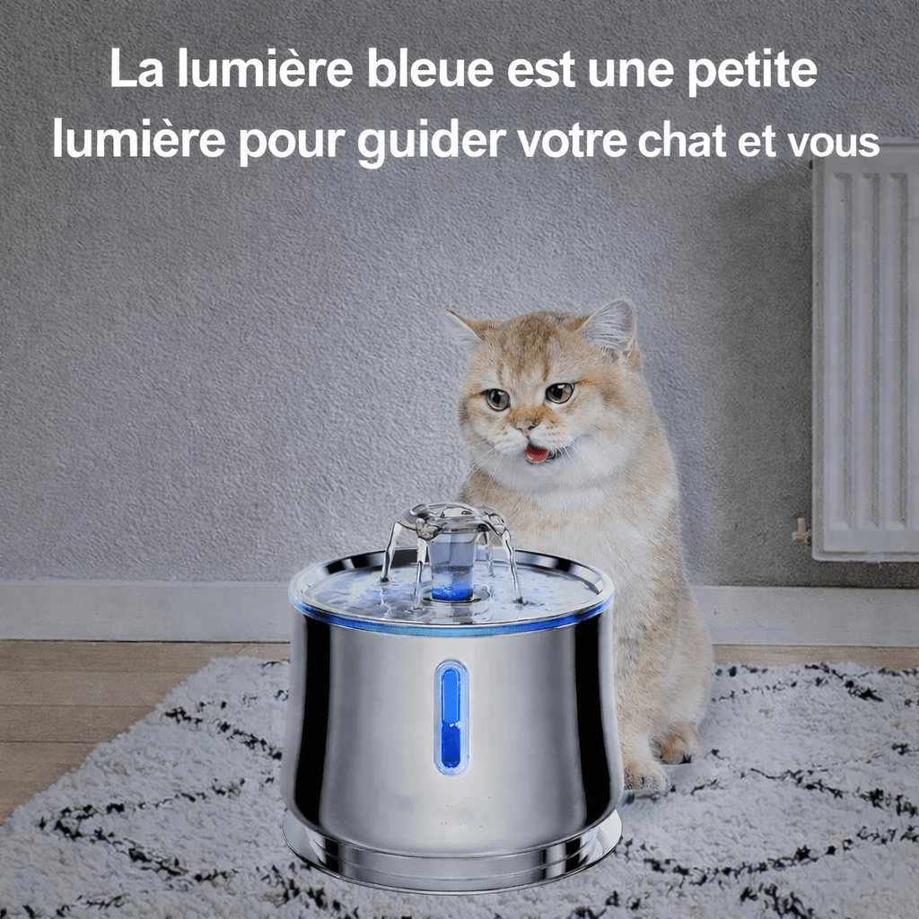 Image d'une fontaine à eau en inox avec lumière bleue LED, placée devant un chat assis sur un tapis, accompagnée du texte « La lumière bleue est une petite lumière pour guider votre chat et vous