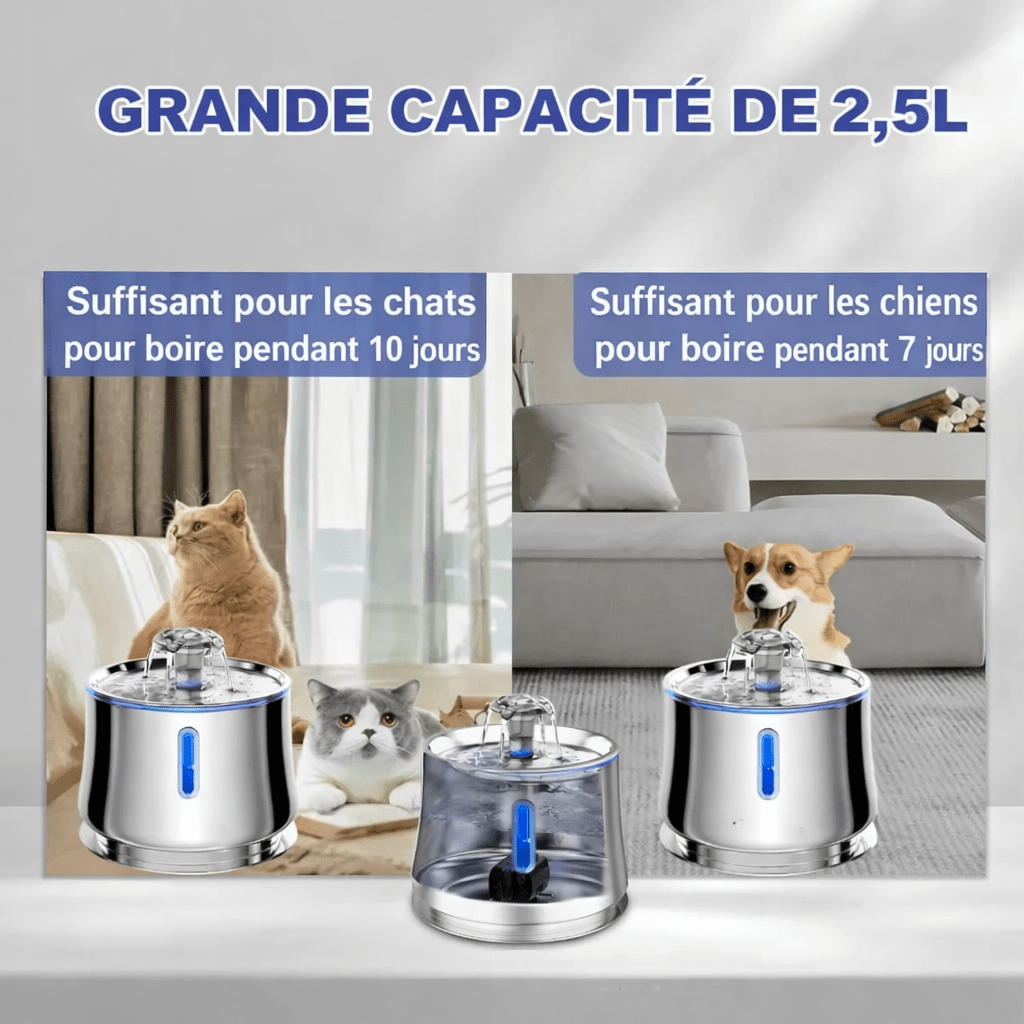 Infographie présentant la fontaine à eau 2,5 L pour animaux, indiquant qu'elle fournit jusqu'à 10 jours d'eau pour les chats et 7 jours pour les chiens, avec images d'animaux et des différentes versions de la fontaine en inox et transparente.