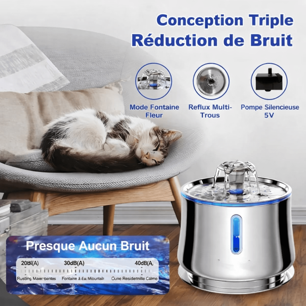 Image promotionnelle d'une fontaine à eau pour chat en inox avec conception triple réduction de bruit, mode fontaine fleur, reflux multi-trous, pompe silencieuse 5V, et indicateur sonore comparatif, devant un chat endormi dans un fauteuil.