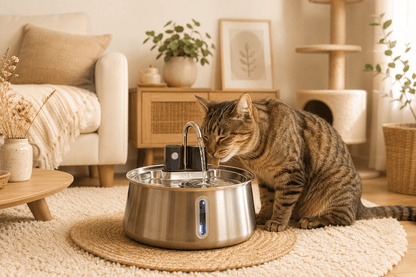 Chat tigré qui boit à la fontaine à eau sans fil inox 304 4L MiaouTable avec robinet capteur infrarouge, dans un salon cosy.
