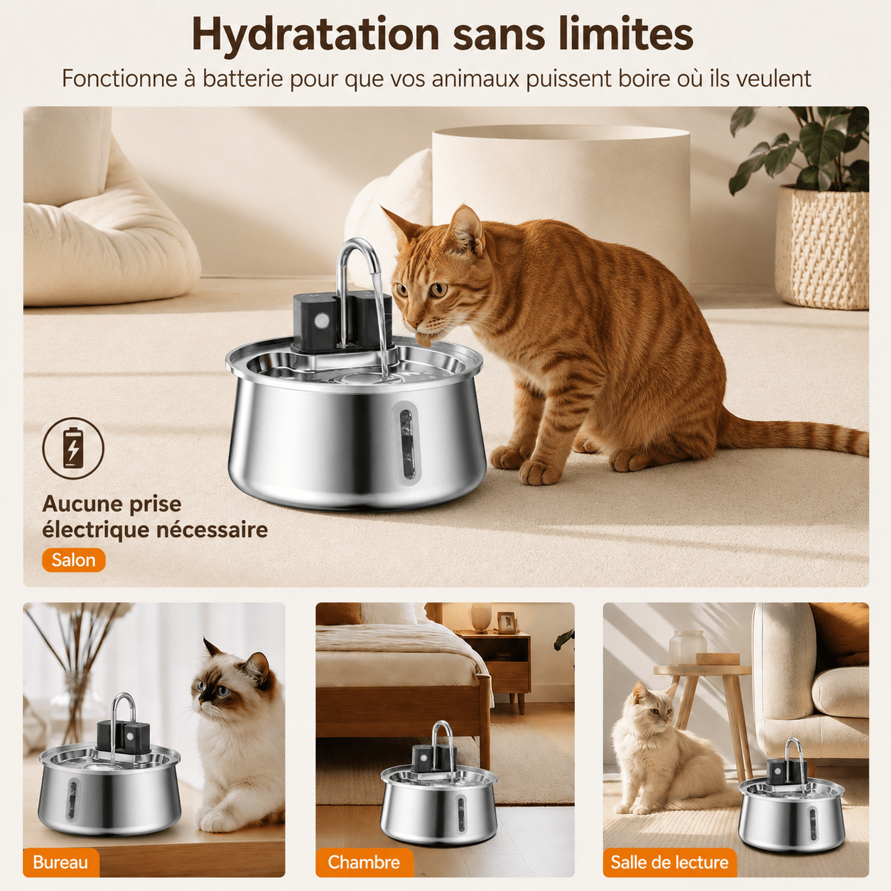 Chat tigré buvant dans une fontaine à eau pour chat en inox 2,5 L MiaouTable, avec eau en mouvement dans un salon de style scandinave.