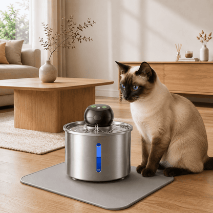 Magnifique chat siamois observant une fontaine à eau pour chat en acier inoxydable avec batterie rechargeable, circulation d’eau continue et indicateur de niveau lumineux.