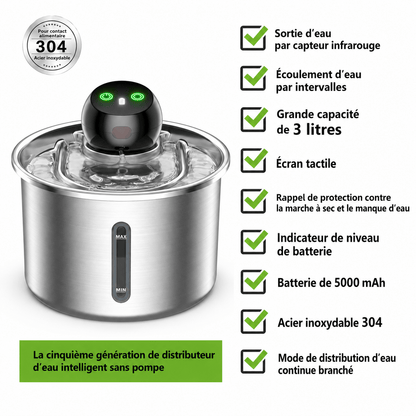 Fontaine à eau pour chat sans fil en acier inoxydable 304 avec batterie 5000 mAh, capteur infrarouge et réservoir grande capacité de 3 litres.