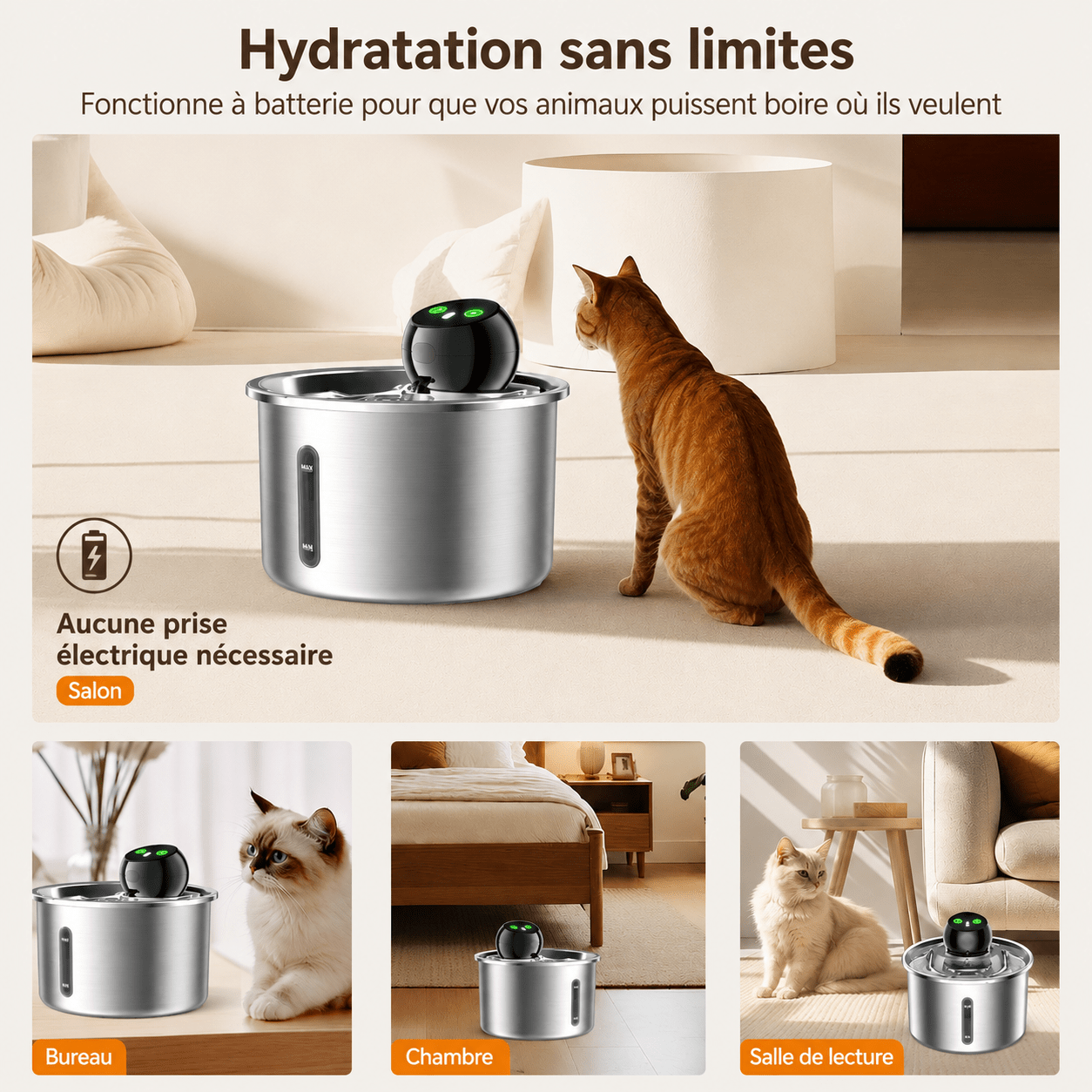 Fontaine à eau pour chat sans fil à batterie MiaouTable, utilisable dans toutes les pièces de la maison pour une hydratation optimale.