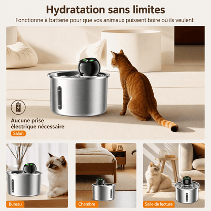 Fontaine à eau pour chat sans fil à batterie MiaouTable, utilisable dans toutes les pièces de la maison pour une hydratation optimale.
