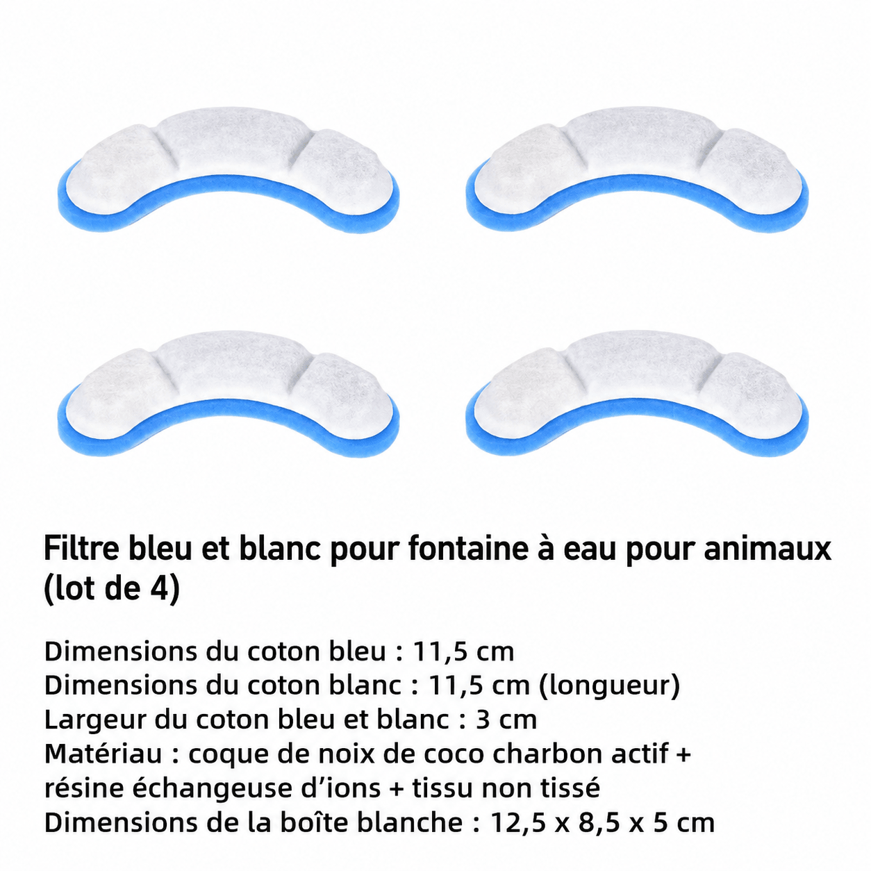 Pack de 4 filtres de rechange pour fontaine à eau pour chat, conçus pour filtrer les impuretés, réduire les odeurs et améliorer la qualité de l’eau.