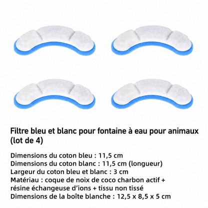 Pack de 4 filtres de rechange pour fontaine à eau pour chat, conçus pour filtrer les impuretés, réduire les odeurs et améliorer la qualité de l’eau.