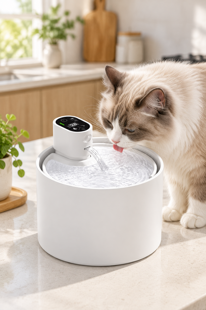 Chat buvant dans une fontaine en céramique dans une cuisine moderne 