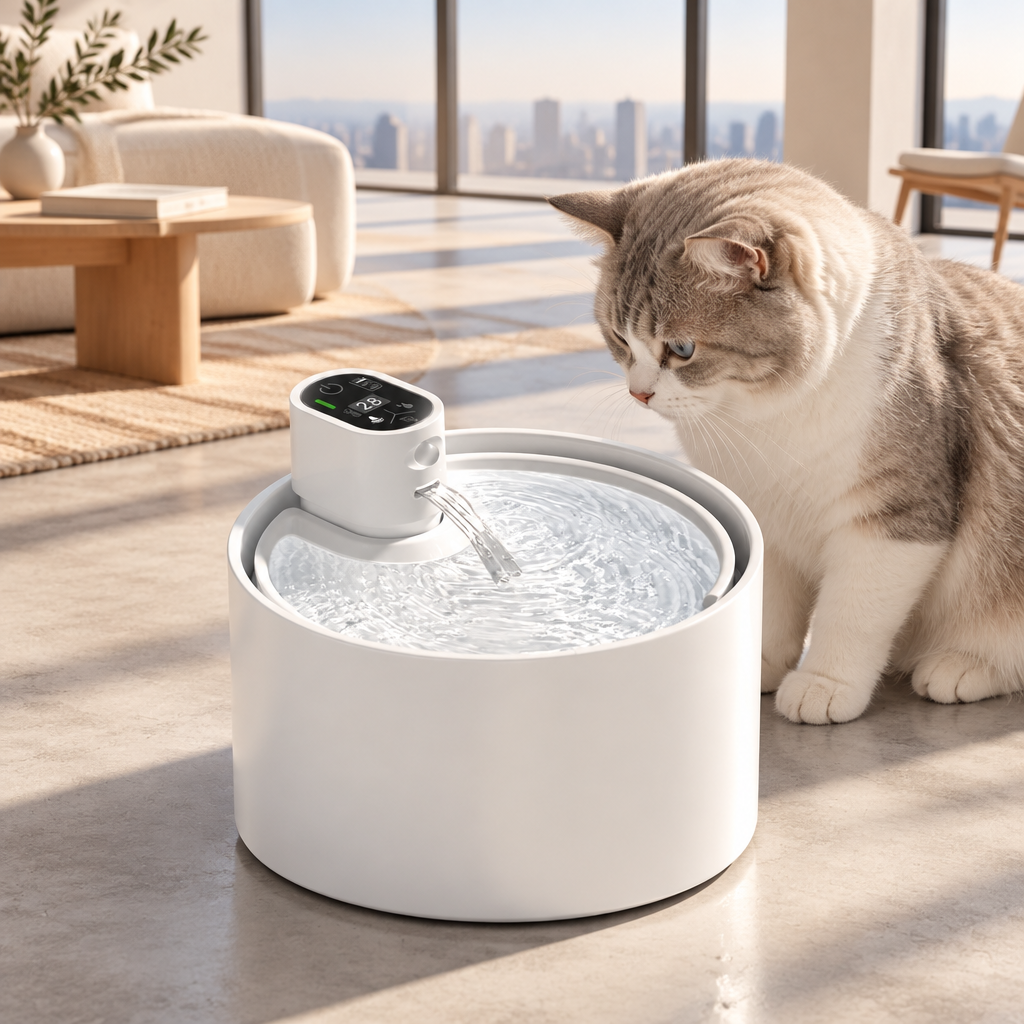 Chat observant la fontaine a eau en ceramique chat