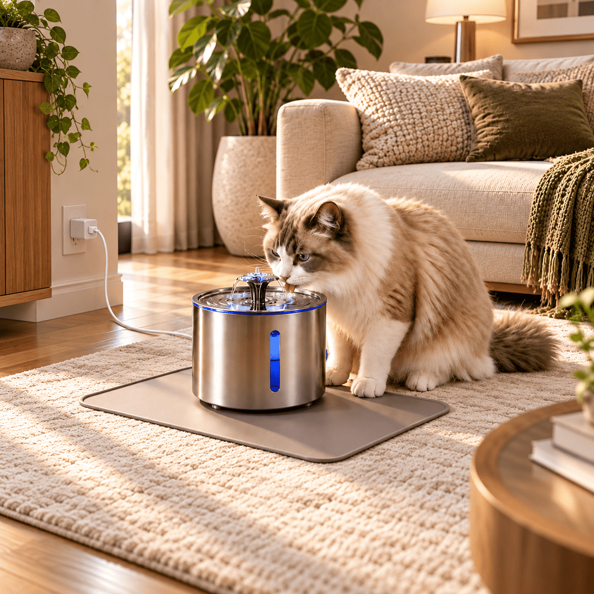 Chat buvant dans une fontaine à eau en inox pour chat, branchée à une prise USB murale, dans un salon chic et lumineux.