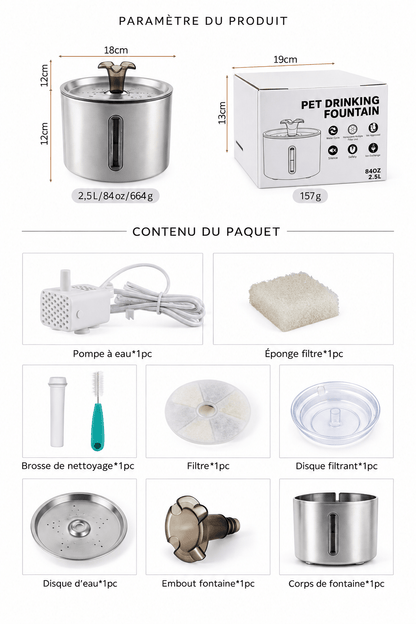 Infographie en français présentant les paramètres du produit et le contenu du paquet d'une fontaine à eau pour animaux en acier inoxydable, avec dimensions, et capacité accessoires inclus