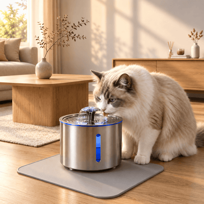 Fontaine à eau pour chat en acier inoxydable au design moderne et silencieux, intégrée dans un salon au style scandinave chaleureux avec un chat à poils longs en train de boire.