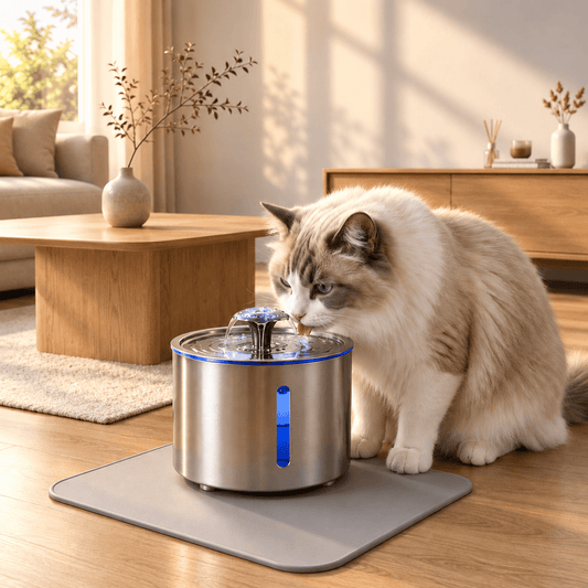 Fontaine à eau pour chat en acier inoxydable au design moderne et silencieux, intégrée dans un salon au style scandinave chaleureux avec un chat à poils longs en train de boire.