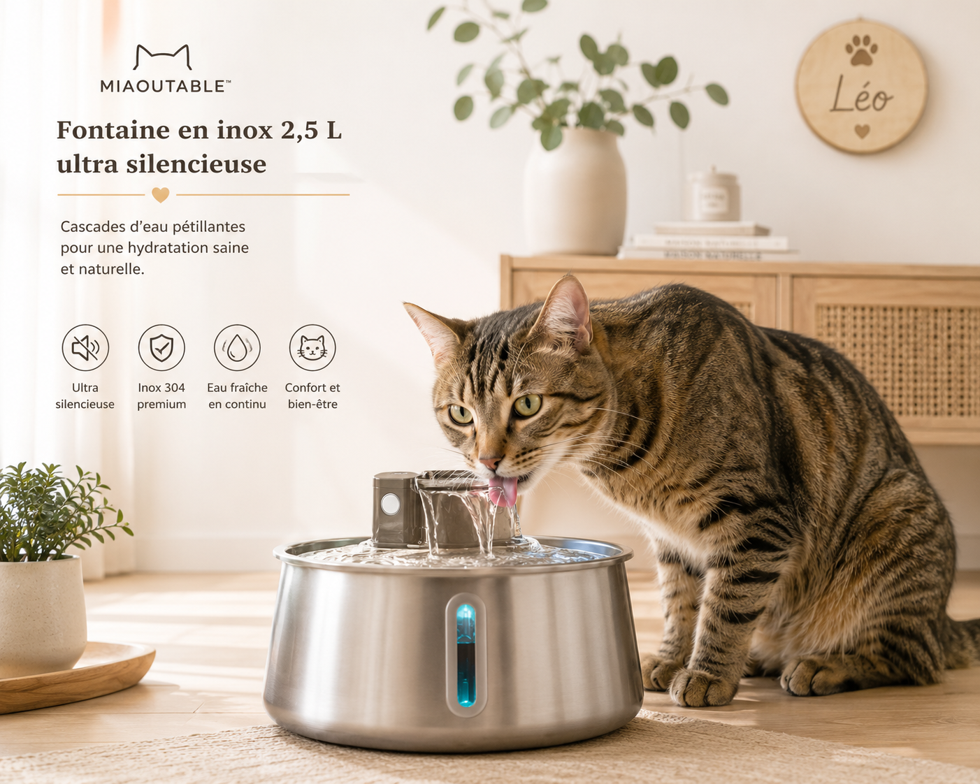 Fontaine à eau pour chat sans fil 4L inox 304 MiaouTable — ultra silencieuse, eau fraîche en continu, capteur infrarouge.

