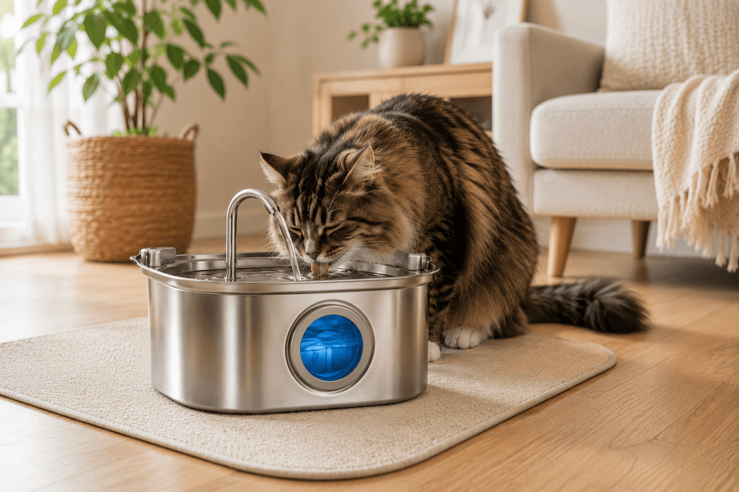 Chat tigré buvant à la fontaine en inox 3.2L