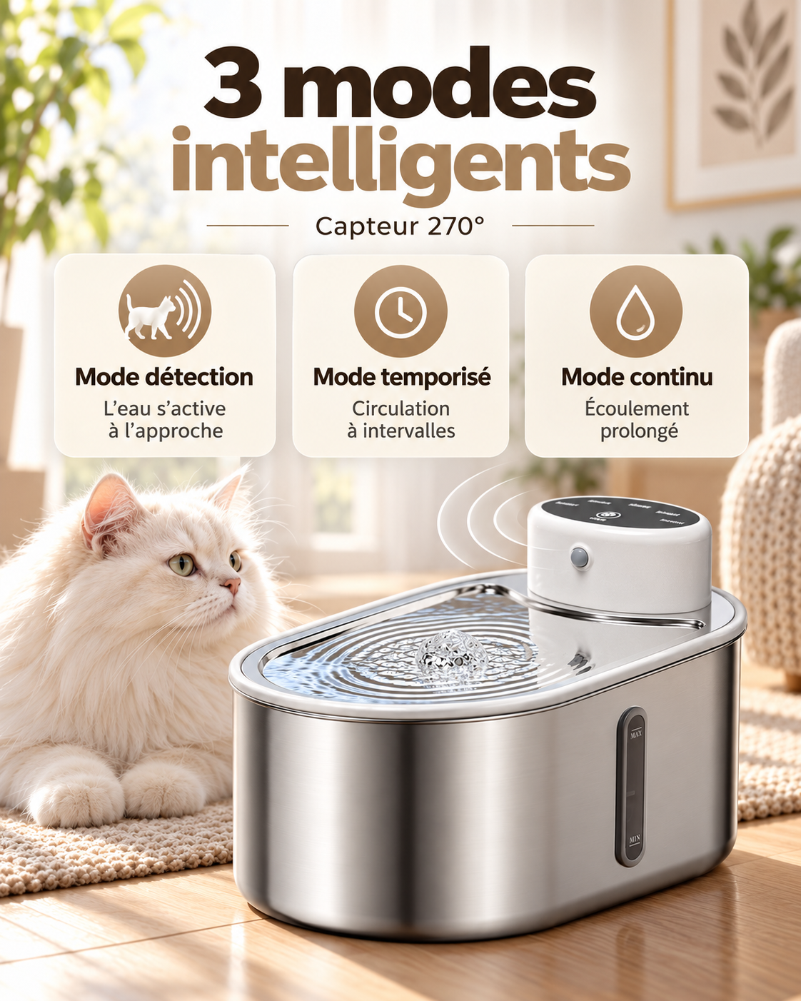 Fontaine à eau pour chat 3 L avec plateau en inox 304, capteur 270° et fenêtre de niveau d'eau.