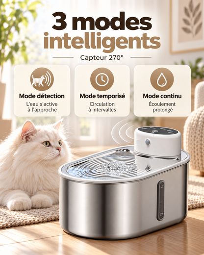Fontaine à eau pour chat 3 L avec plateau en inox 304, capteur 270° et fenêtre de niveau d'eau.