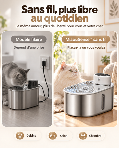 Comparatif entre une fontaine à eau filaire et une fontaine à eau sans fil pour chat, affichage plus de liberté d'emplacement.