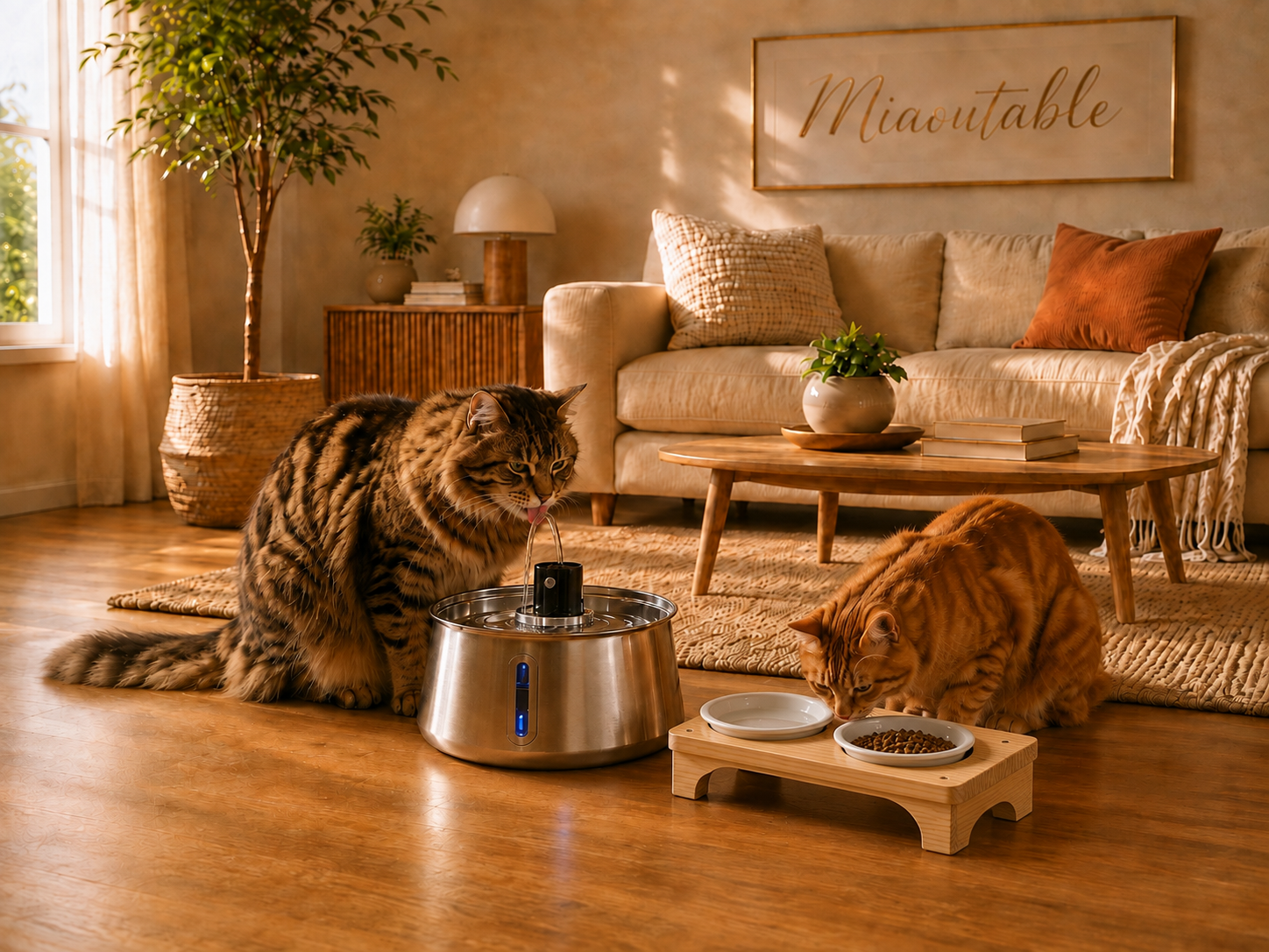 Deux chats utilisant l'ensemble MiaouTable — fontaine à eau inox 4L avec capteur et gamelle surélevée double bol, dans un salon moderne chaleureux