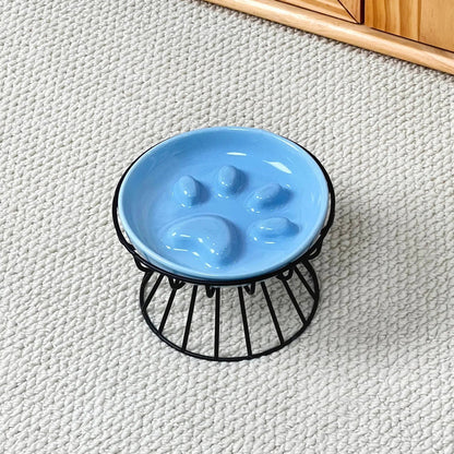 Gamelle chat céramique bleue motif poisson support métal noir surélevé