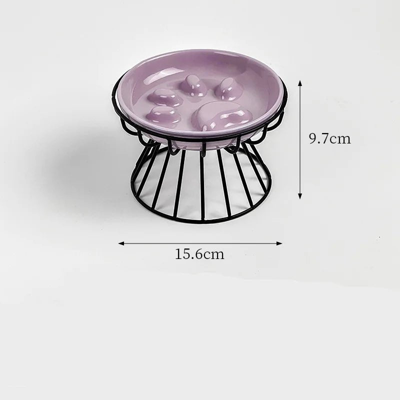 Gamelle anti-glouton chat céramique violette motif patte support métal