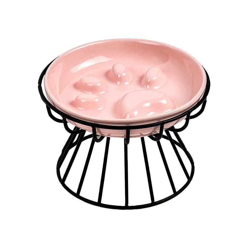 Gamelle anti-glouton céramique rose motif patte support métal noir design