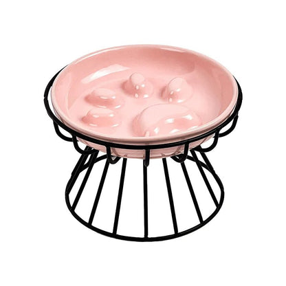 Gamelle anti-glouton céramique rose motif patte support métal noir design