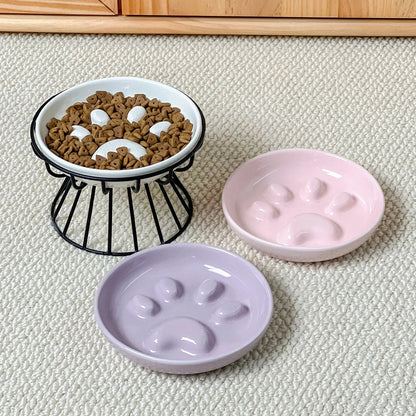 Gamelle anti-glouton chat céramique motif patte support métal noir surélevé
