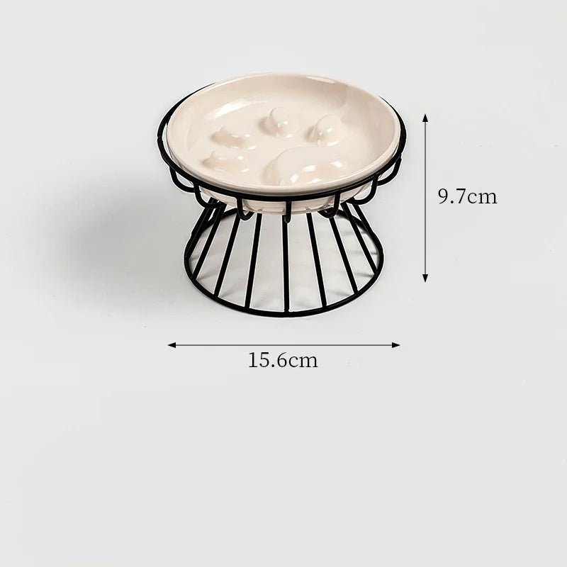 Gamelle céramique beige motif patte support métal noir anti-glouton chat