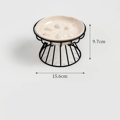 Gamelle céramique beige motif patte support métal noir anti-glouton chat