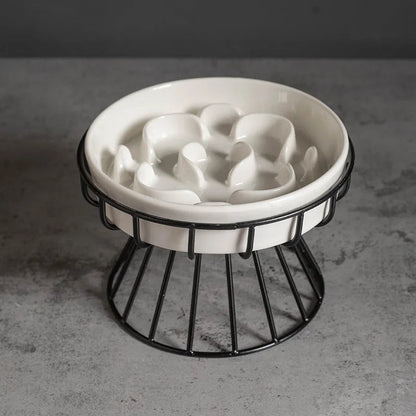 Gamelle anti-glouton chat céramique blanche support métal noir surélevé