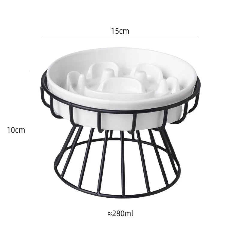 Schéma dimensions gamelle anti-glouton chat céramique surélevée support métal
