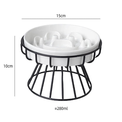 Schéma dimensions gamelle anti-glouton chat céramique surélevée support métal

