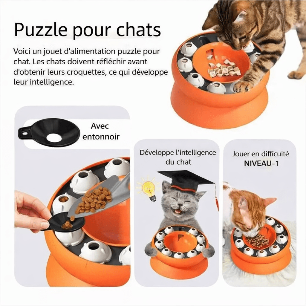 Jouet puzzle interactif pour chats – gamelle anti-glouton orange avec entonnoir, stimulation mentale, amélioration de l’intelligence et difficulté niveau 1, avec chats en démonstration