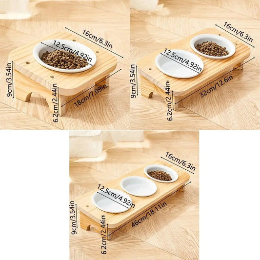 Schéma des dimensions de la gamelle chat inclinée céramique et bois MiaouTable, configurations 1, 2 et 3 bols avec mesures détaillées