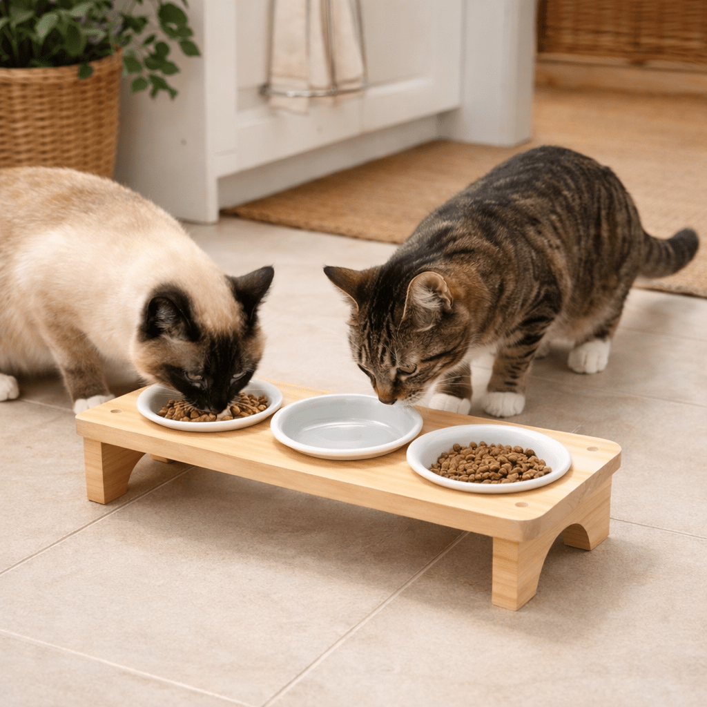Deux chats, un siamois et un tigré, mangeant dans une station surélevée à trois bols dans une cuisine chaleureuse, avec croquettes dans les bols gauche et droit et de l'eau au centre.