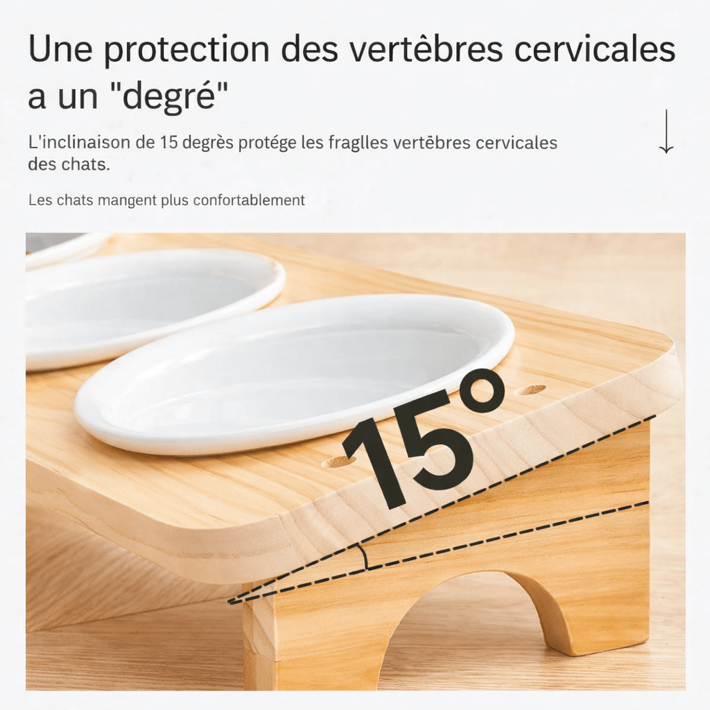 Gamelle inclinée à 15° pour chats, montrant l'angle ergonomique qui protège les vertèbres cervicales et améliore la digestion