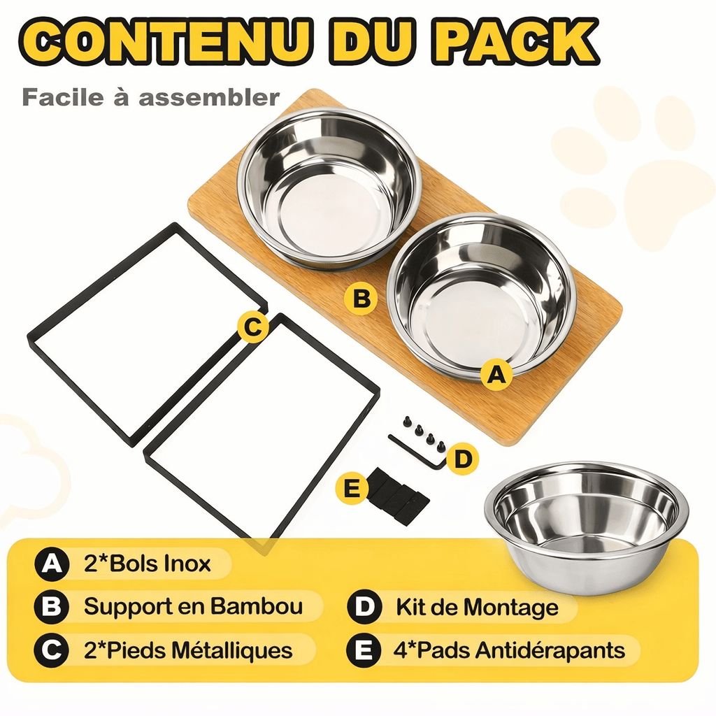 Contenu de la gamelle surélevée pour chat : double bol inox, support bambou, pieds métal, kit de montage et patins antidérapants.
