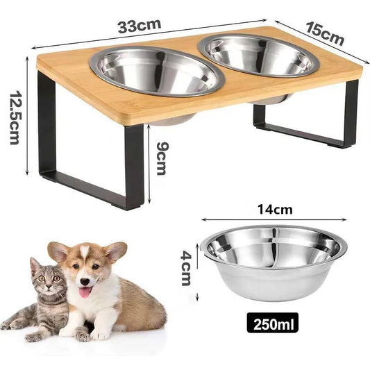 Gamelle surélevée 15° pour chat avec double bol inox 250 ml, dimensions détaillées, adaptée chats et petits chiens