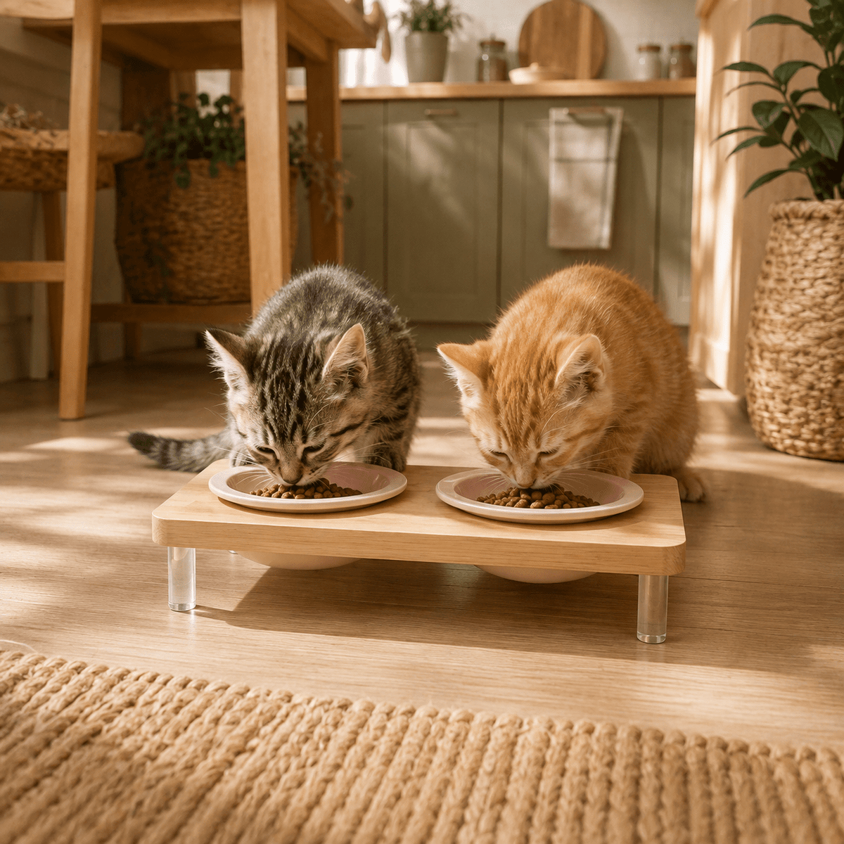 Deux gamelles surélevées roses sur support en bois dans une cuisine chaleureuse et lumineuse.