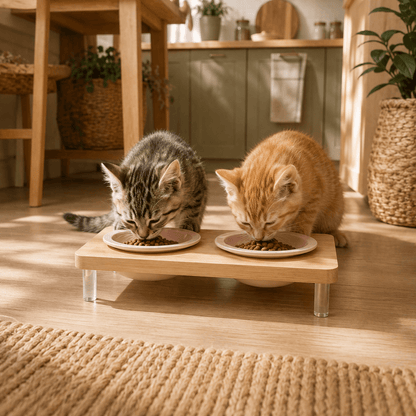 Deux gamelles surélevées roses sur support en bois dans une cuisine chaleureuse et lumineuse.