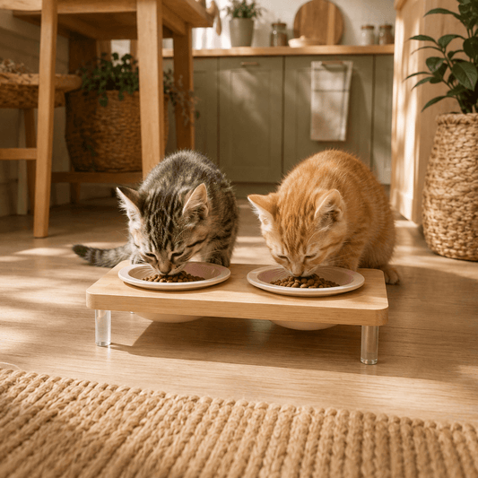 Deux gamelles surélevées roses sur support en bois dans une cuisine chaleureuse et lumineuse.