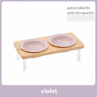 Gamelle double surélevée pour chat en céramique violette avec support en bois naturel et pieds transparents antidérapants