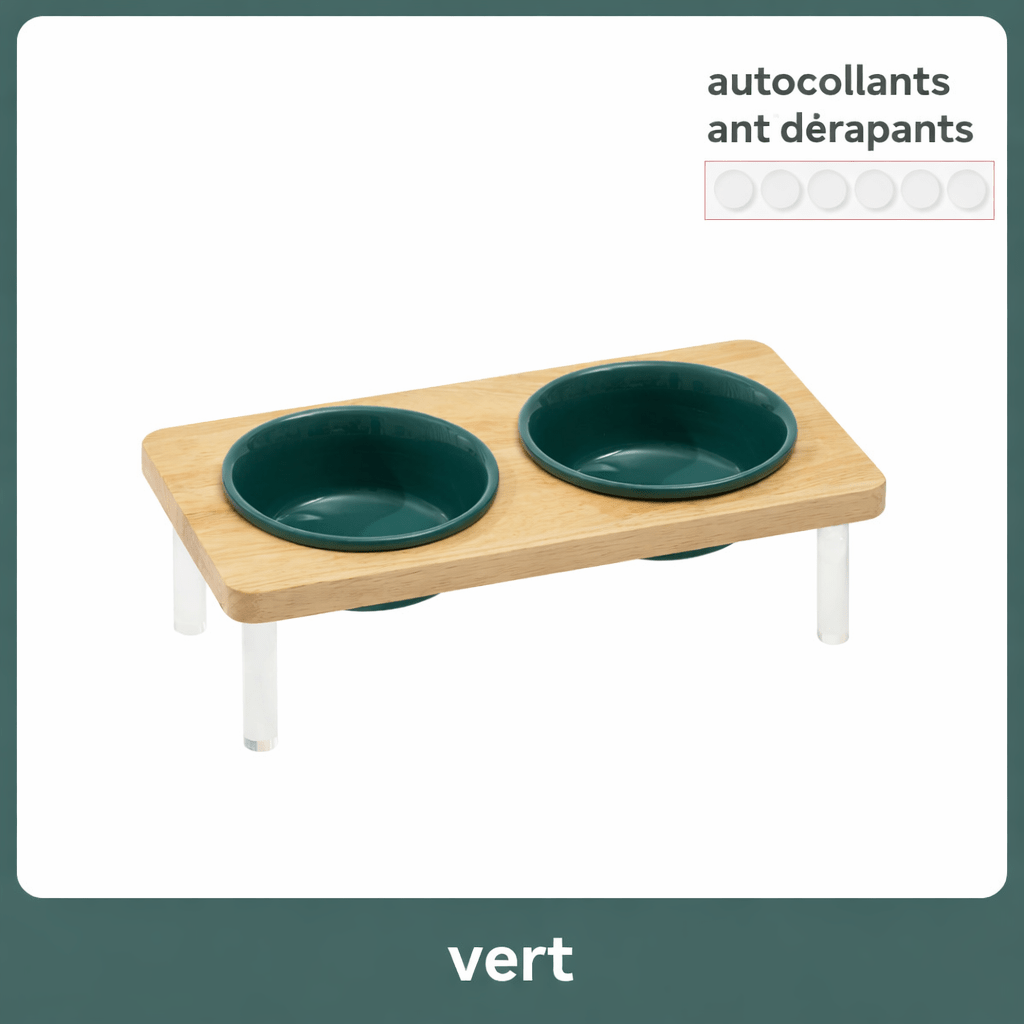 Bol double surélevé vert foncé en céramique sur support en bois naturel avec pieds antidérapants – Gamelle premium MiaouTable