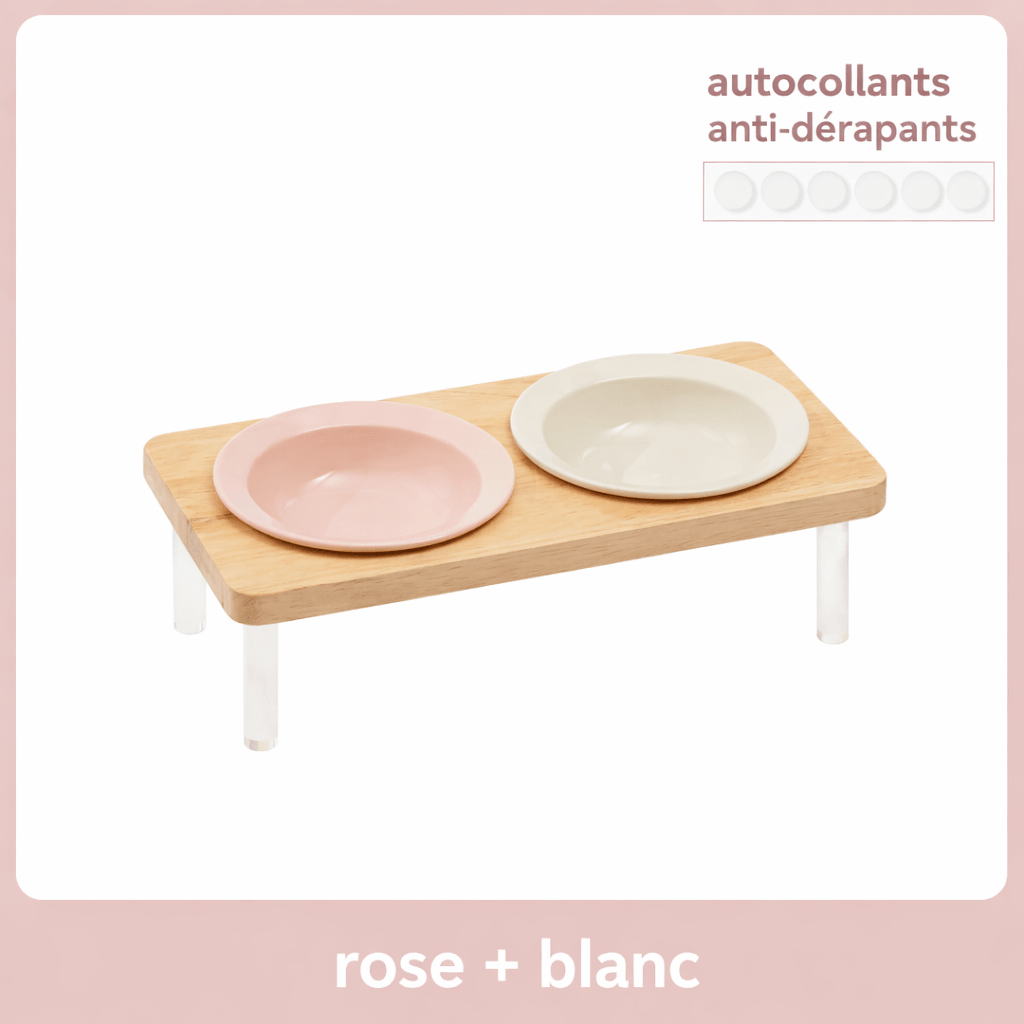 Gamelle surélevée pour chat rose et blanc – double bol céramique avec pieds transparents et pastilles antidérapantes
